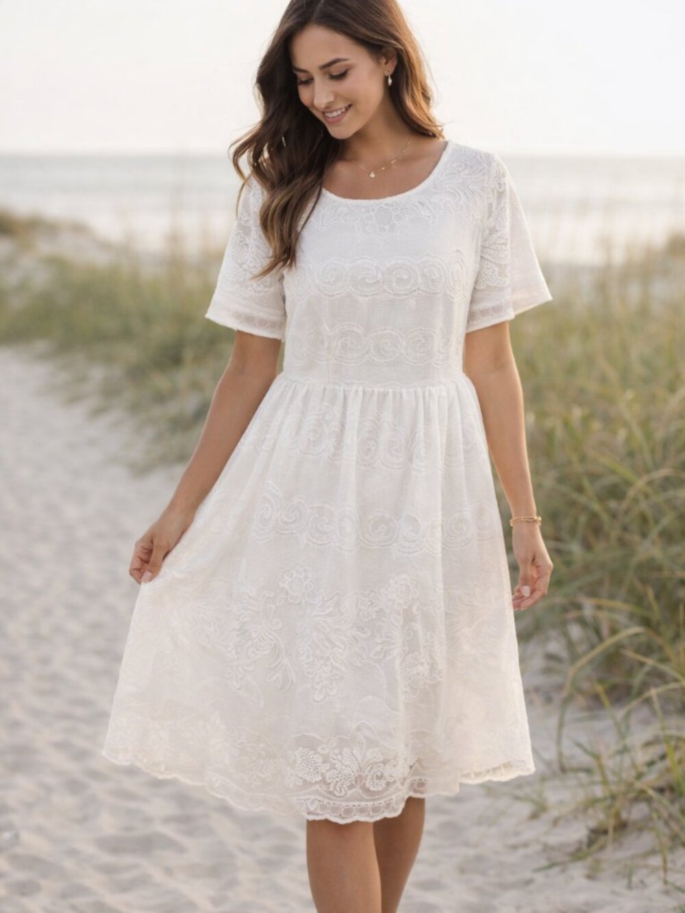 Stevie Hender Tea Length Ivory Lace Short Sleeve Dress